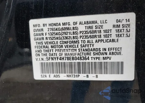 2014 Honda Pilot Ex-L z USA, uszkodzony, nr VIN 5FNYF4H78EB048364